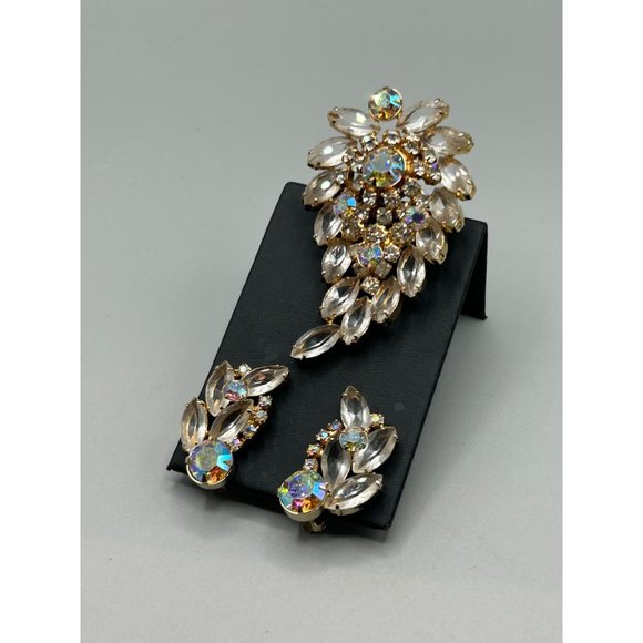 Vintage Rhinestones Brooch & Clip On Earrings Set Clear Stones AB Stones Finish - Picture 7 of 10
